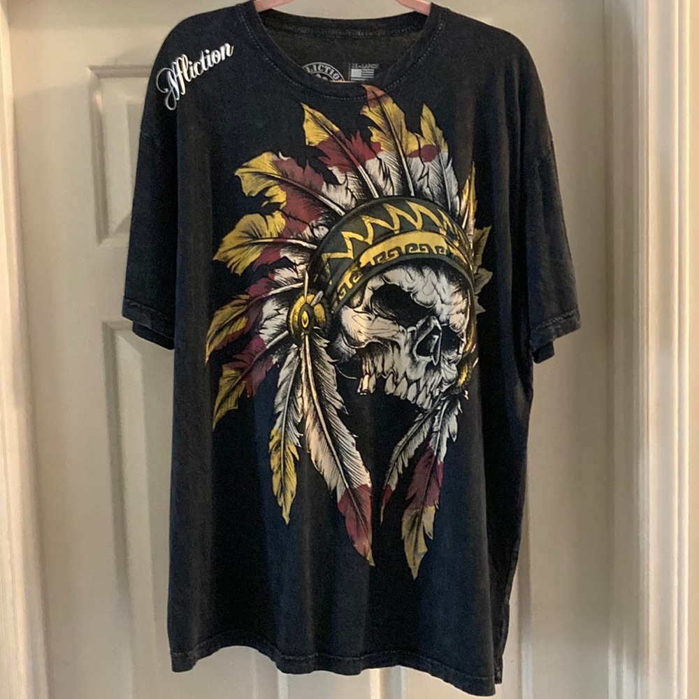 Affliction Black Graphic T-Shirt with Skull and Feather Design NEW!